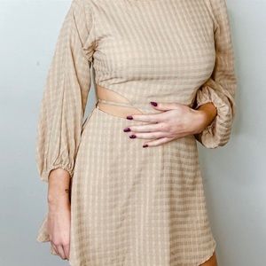 Gingham Beige Long Sleeve Mini Dress